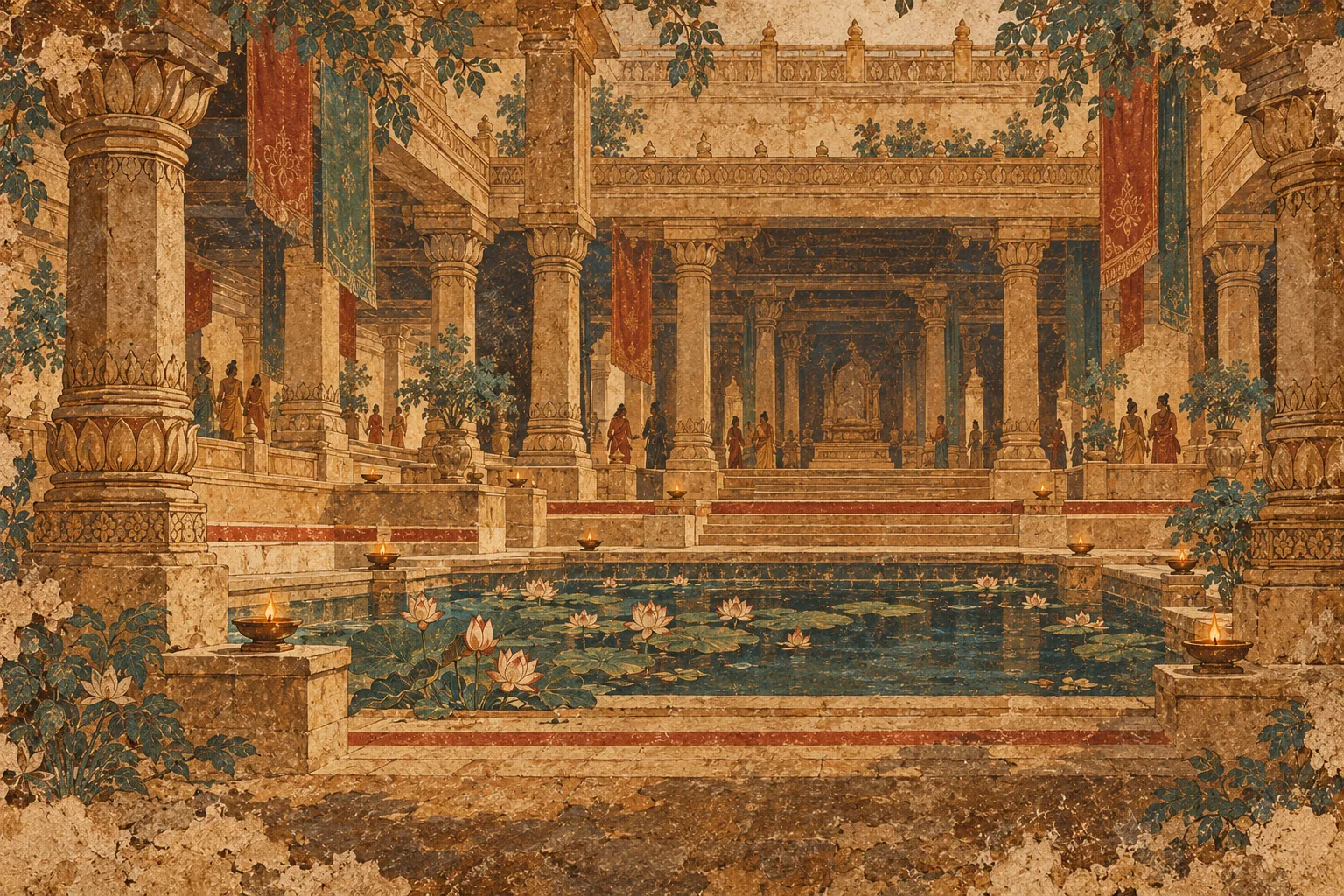 A mural of a pillared Indian courtyard around a lotus pool.
