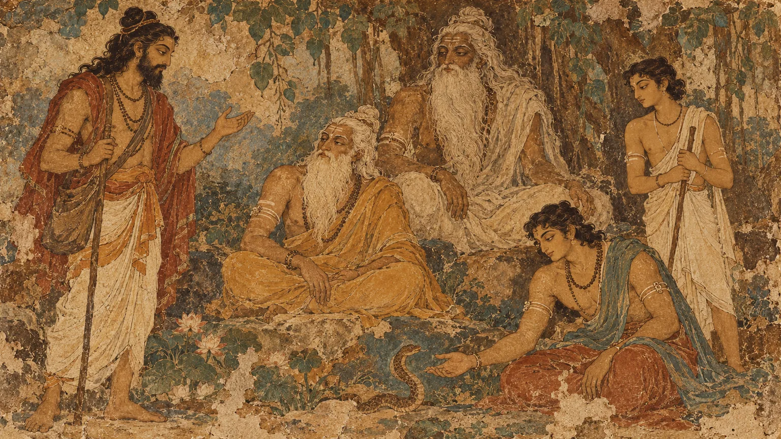 A mural in the style of the daily illustrations: sages and travellers gathered in a forest